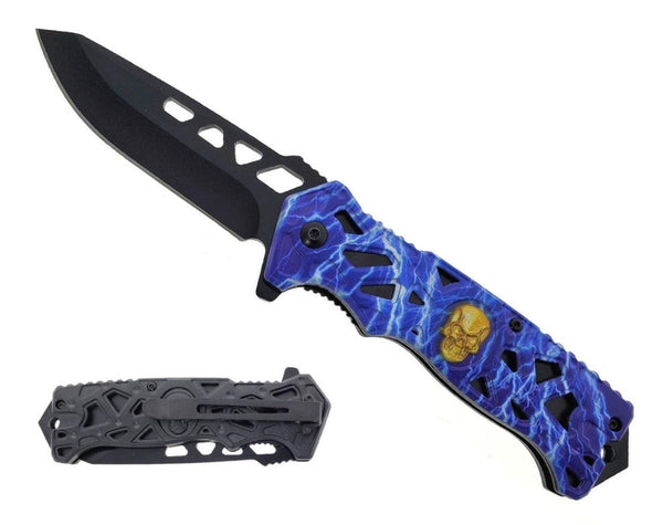 KS 2451-BL 4.5" Blue Lighting Skull Handle Assist-Open Tactical Folding Knife
