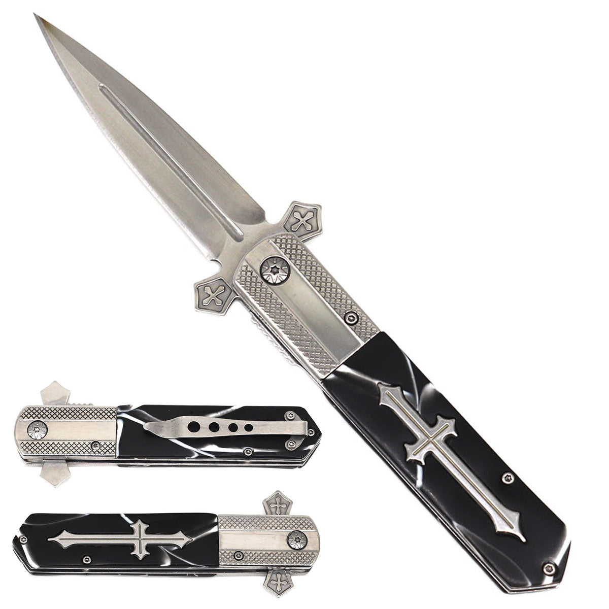 Rex Distributor KS 3004-CBA 5-inch silver and black faux marble handle spring-assisted tactical pocket knife, open for use