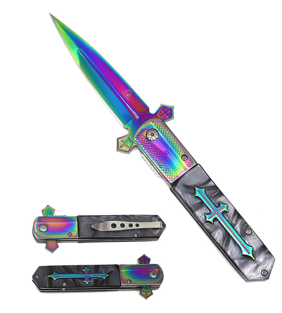 Rex Distributor KS 3004-RB rainbow and silver faux marble handle spring assisted tactical pocket knife, open with blade visible