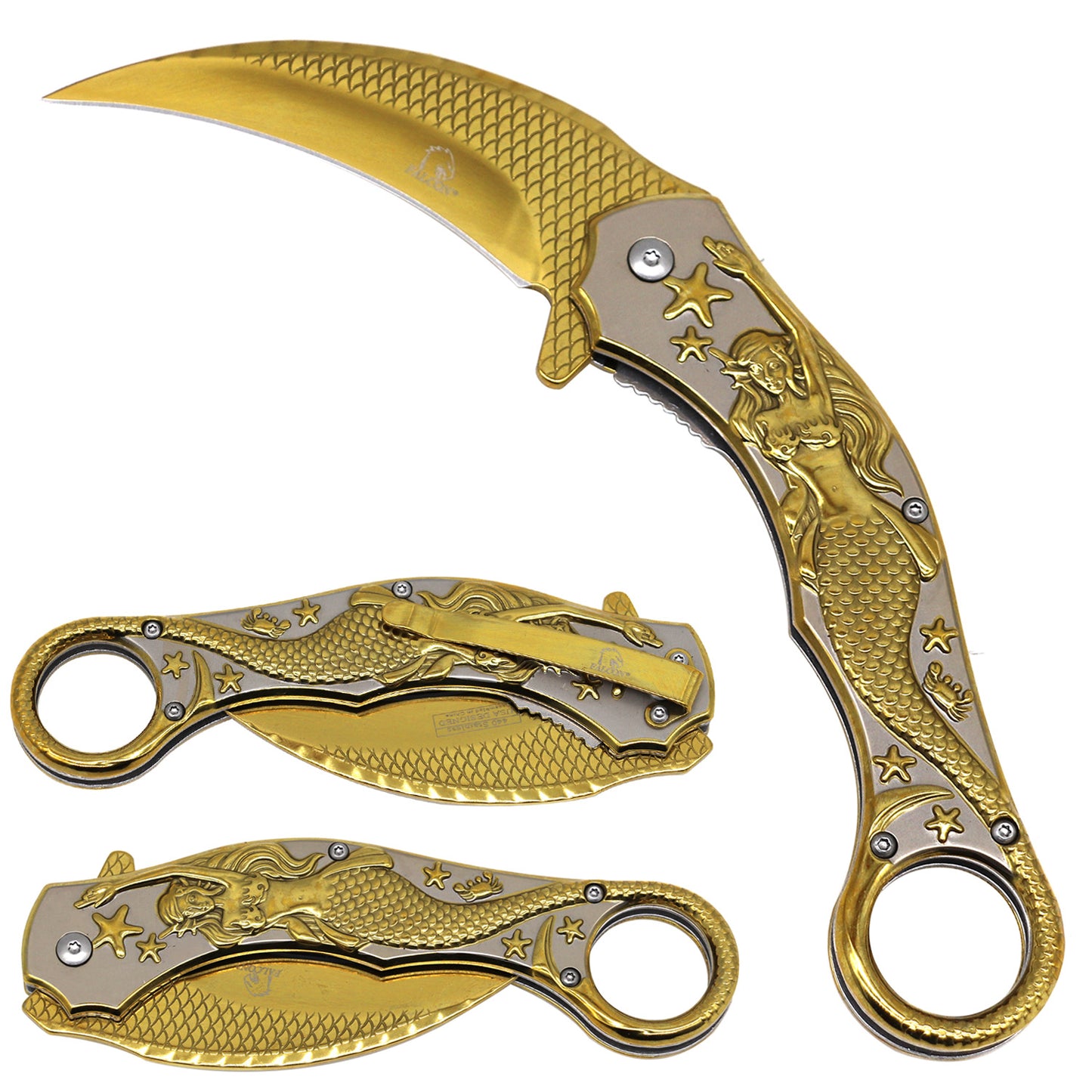 Gold mermaid assist-open karambit folding knife from Rex Distributor, Inc., 5.5-inch tactical spring assisted knife with curved blade.