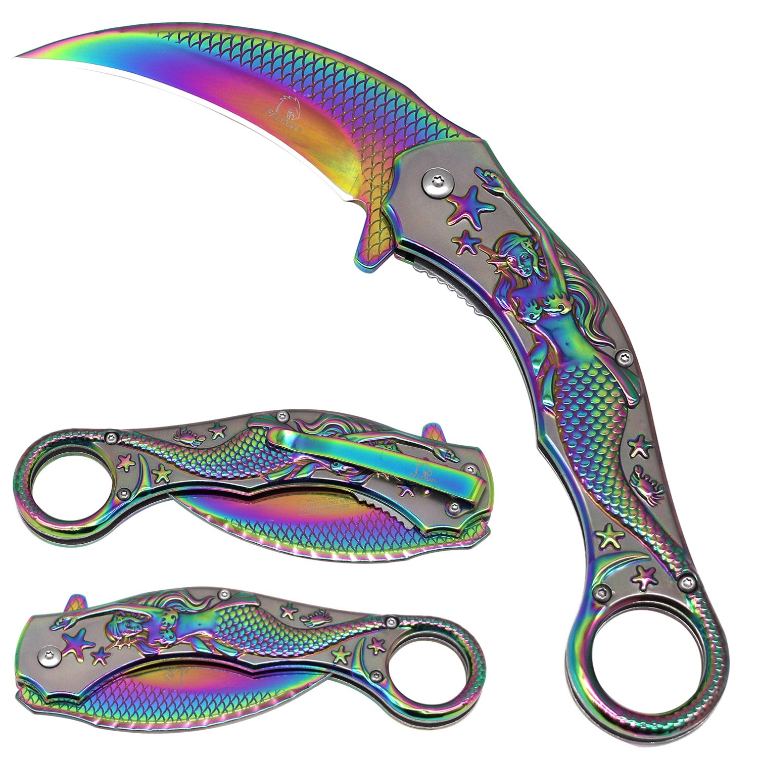 Rex Distributor KS 3009-RB rainbow mermaid assist-open karambit folding knife with spring-assisted tactical blade.