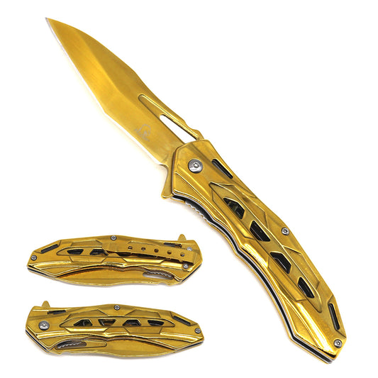 KS 3626-GD 4.75" Gold Sleek Stainless Steel Assist-Open Folding Pocket Knife with Belt Clip