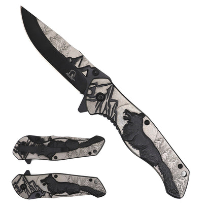 KS 3780-BK 4.75" Heavy Duty Assist-Open Black Wolf Mountain Range Folding Knife with Belt Clip