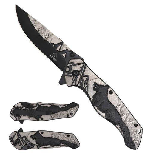 KS 3780-BK 4.75" Heavy Duty Assist-Open Black Wolf Mountain Range Folding Knife with Belt Clip