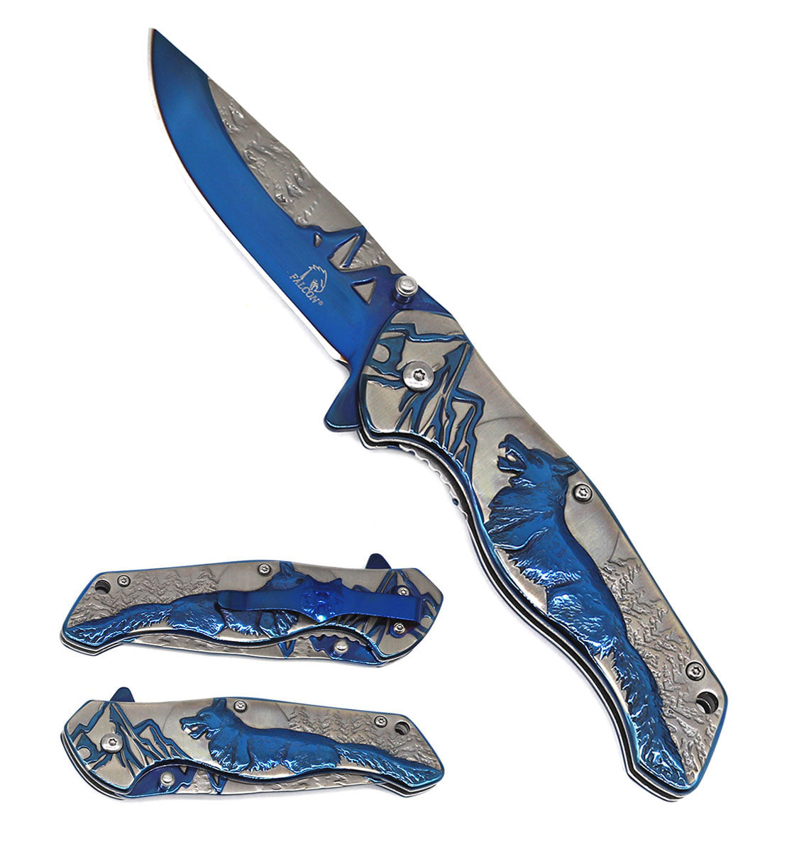 KS 3780-BL 4.75" Heavy Duty Assist-Open Blue Wolf Mountain Range Folding Knife with Belt Clip