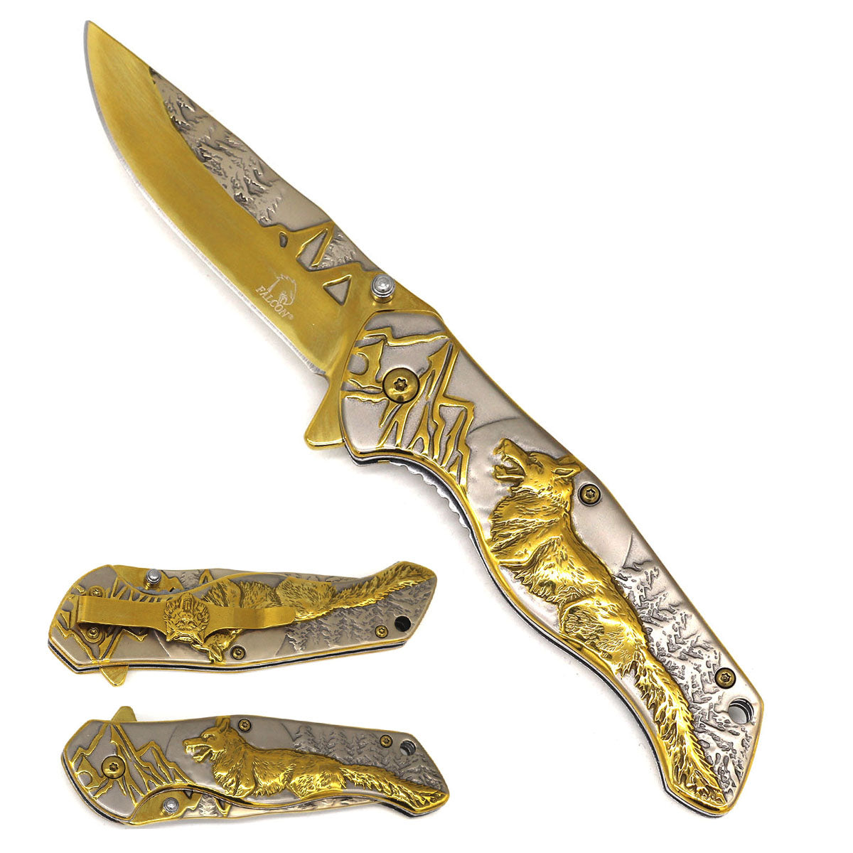KS 3780-GD 4.75" Heavy Duty Assist-Open Gold Wolf Mountain Range Folding Knife with Belt Clip