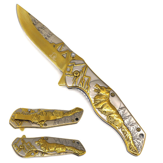 KS 3780-GD 4.75" Heavy Duty Assist-Open Gold Wolf Mountain Range Folding Knife with Belt Clip