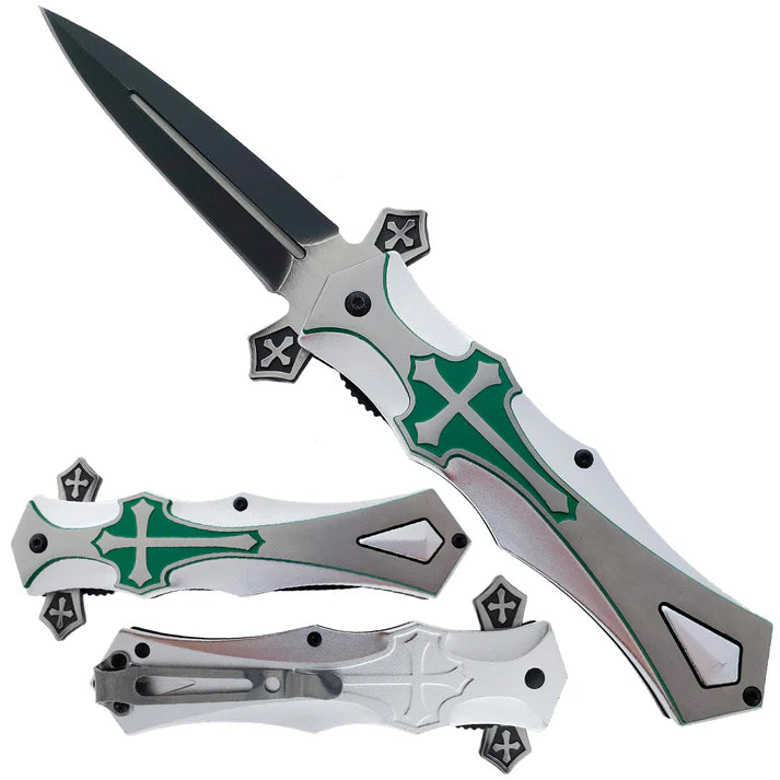 Silver cross metal handle folding pocket knife from Rex Distributor, Inc., open to show blade and sturdy construction.