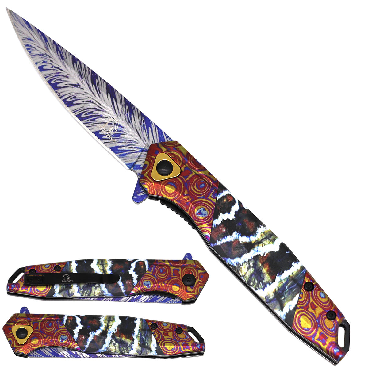 Orange Damascus pattern tactical pocket knife with assist-open mechanism, 4.5-inch blade by Rex Distributor, Inc.