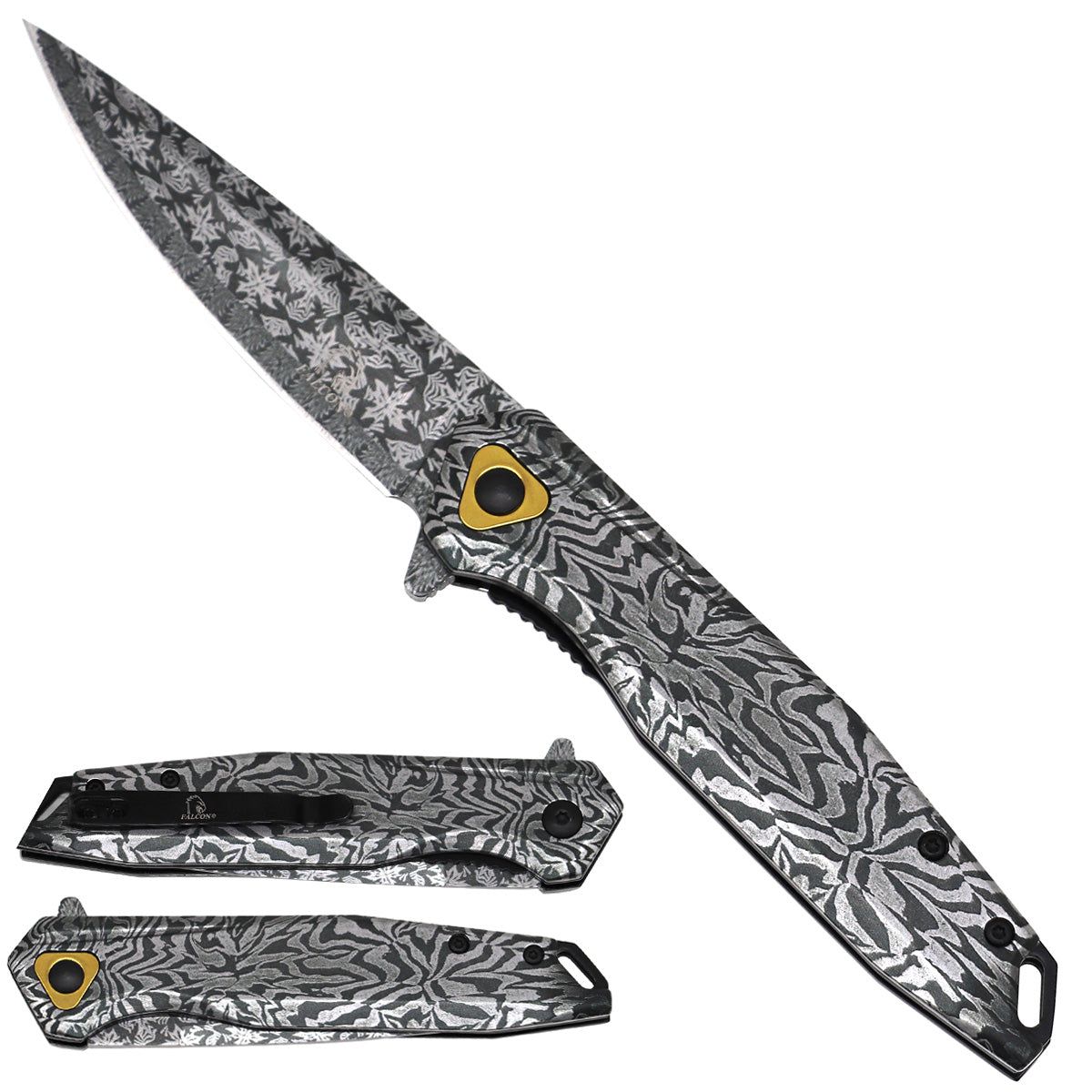 Silver Damascus pattern tactical pocket knife with assist-open mechanism, 4.5-inch blade, by Rex Distributor, Inc.