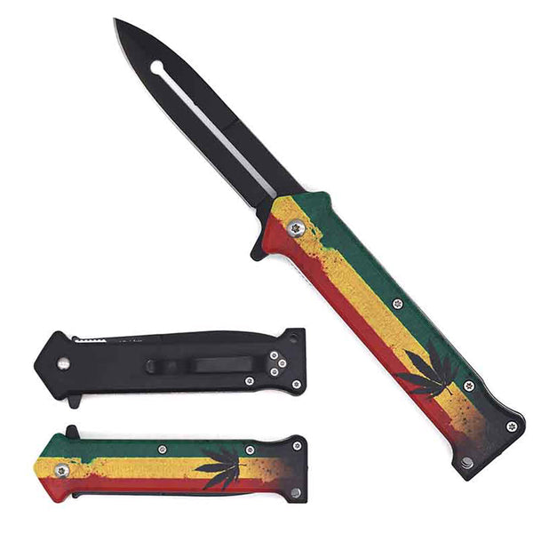 KS 1024-MM 4.5" Assist-Open Knife - Rastafarian Flag Cannabis Leaf Print Handle