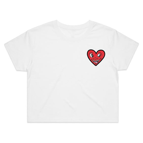Women's White Keith Haring Heart Graphic Crop Top T-Shirt