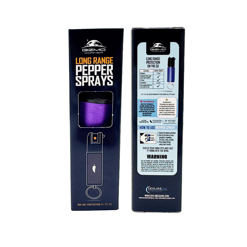 Two packaging boxes for a long-range pepper spray with brand logo and product details.