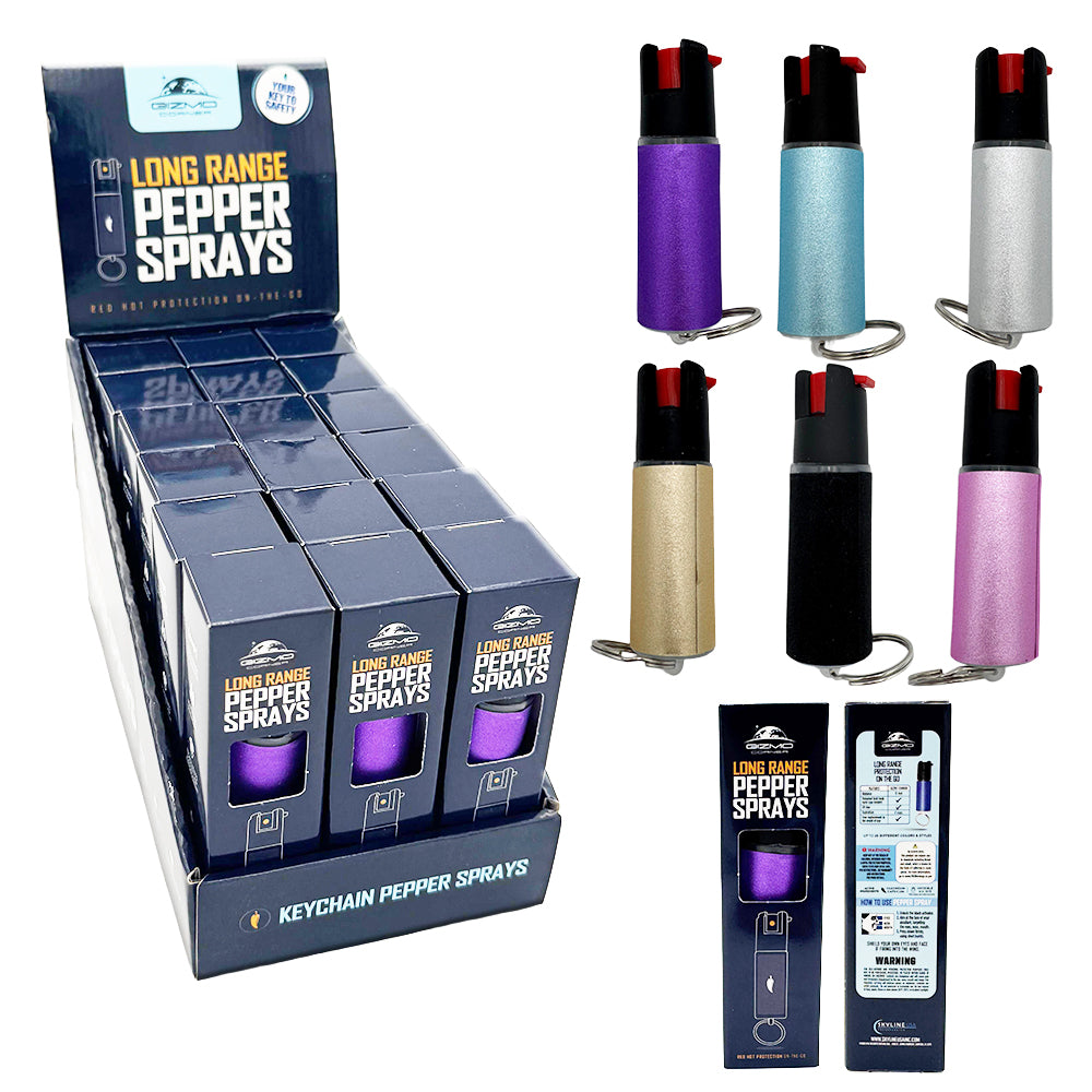 Display of long-range pepper sprays with packaging on a white background