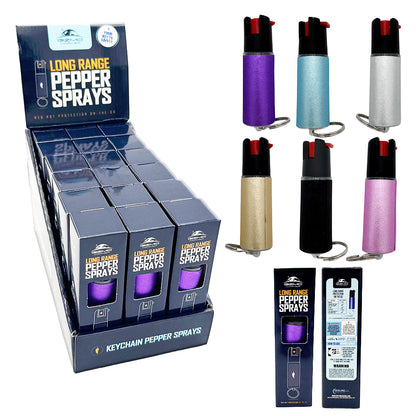Display of long-range pepper sprays with packaging on a white background