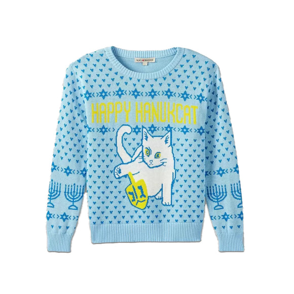 Girl's Youth Light Blue Happy Hanukkah Cat Sweater Pullover