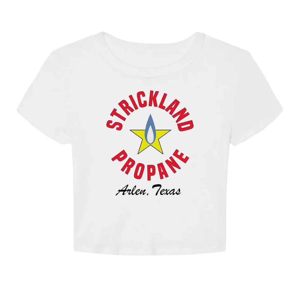 Women Junior's King of the Hill Strickland Propane Logo White Rib Baby Tee - Rex Distributor, Inc. Wholesale Licensed Products and T-shirts, Sporting goods,