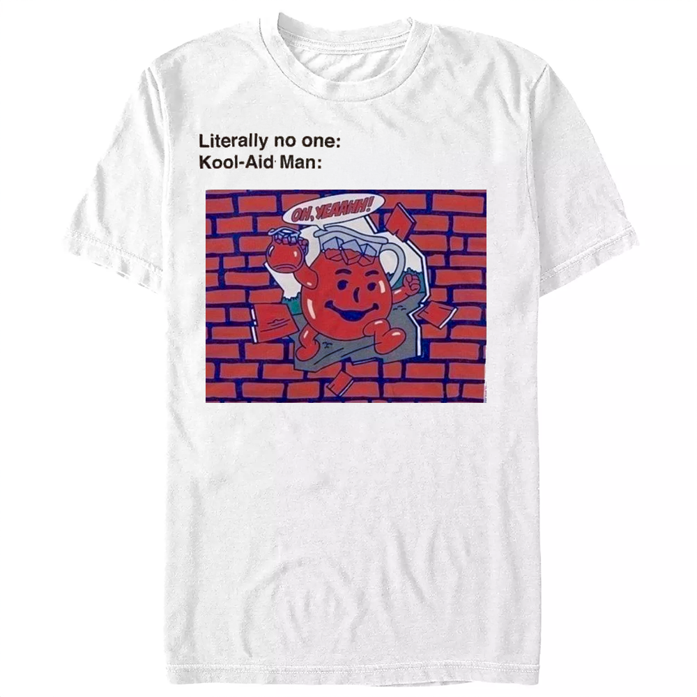 White t-shirt with Kool-Aid Man graphic and text on a white background
