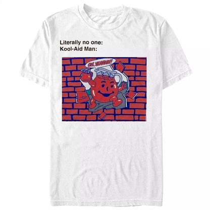 White t-shirt with Kool-Aid Man graphic and text on a white background