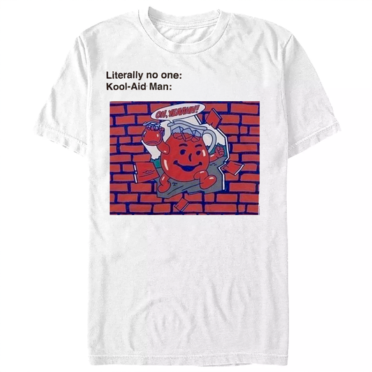 White t-shirt with Kool-Aid Man graphic and text on a white background
