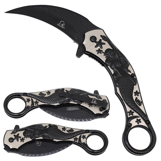 Black KS 3009-BK 5.5-inch mermaid assist-open karambit folding knife from Rex Distributor, Inc., with tactical spring-assisted design.