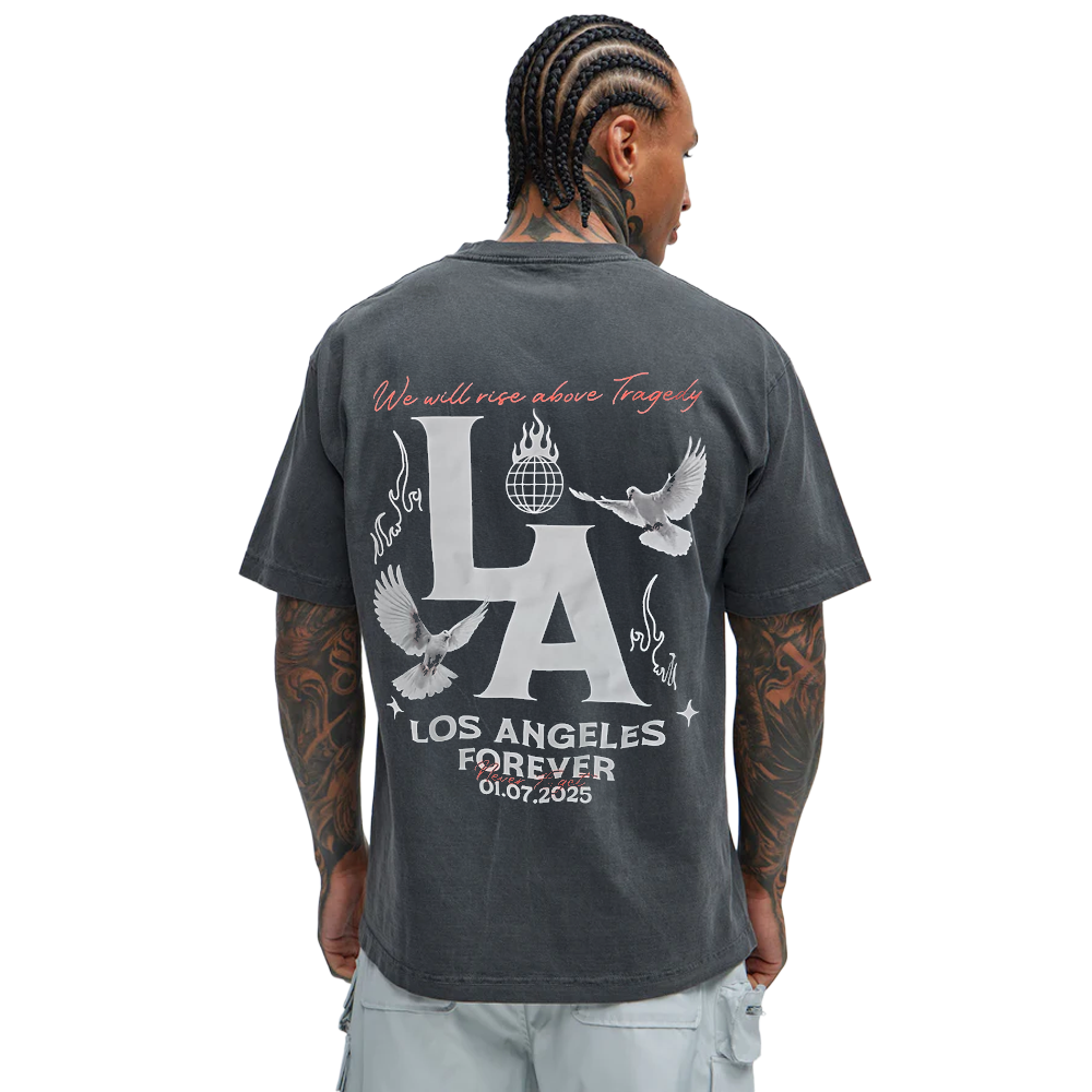 Men's grey Los Angeles Forever graphic T-shirt by Rex Distributor, Inc. featuring a city-themed design on a casual shirt.