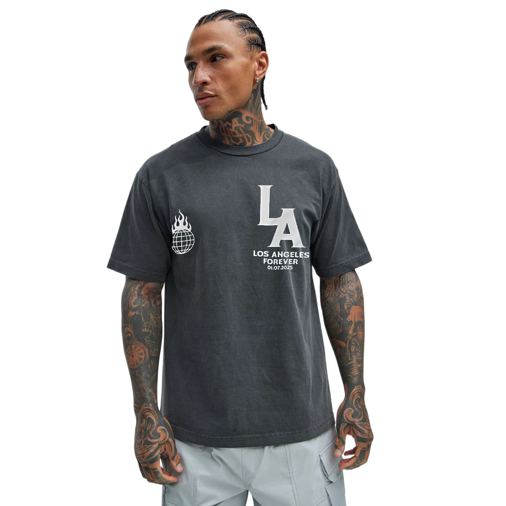 Men's grey Los Angeles Forever graphic T-shirt by Rex Distributor, Inc. featuring a city skyline design on the front.