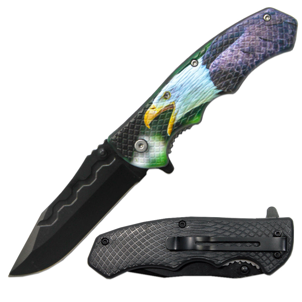 Rex Distributor LQ 3279-E1 4.5-inch textured eagle handle tactical folding knife with assist open and belt clip