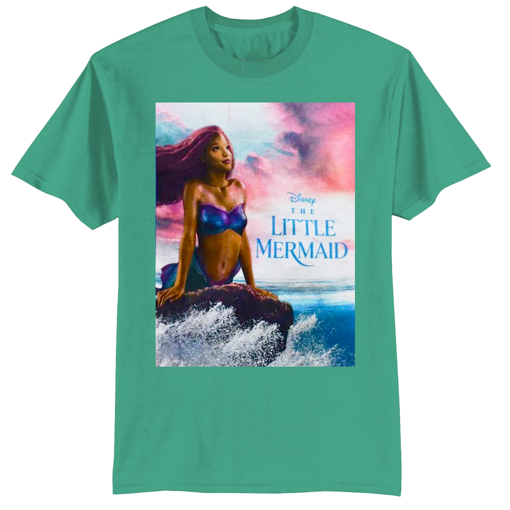Women’s Little Mermaid graphic T-shirt by Rex Distributor, Inc. featuring a colorful movie poster design on a casual shirt.