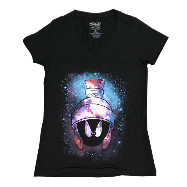 Women Junior's Black V-neck Looney Tunes Marvin Space Graphic Tee T-Shirt