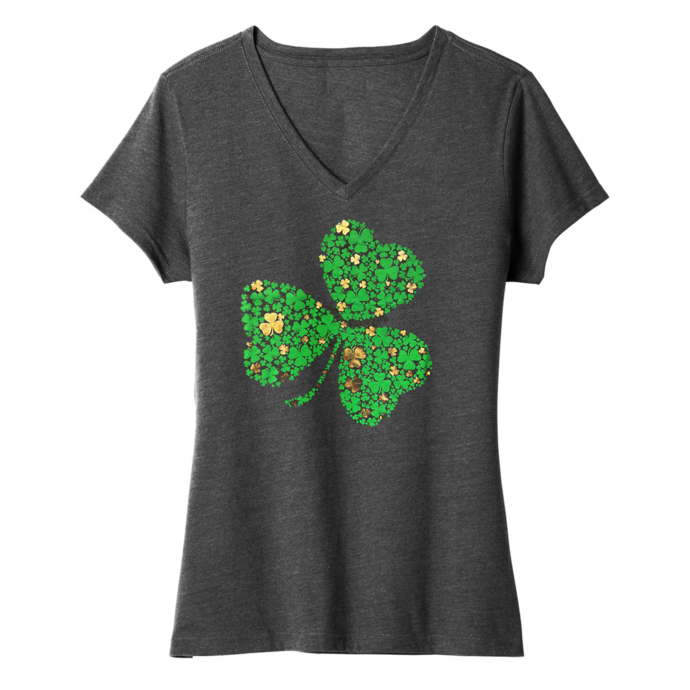 Women's Saint Patrick's Day Lucky Clover T-shirt by Rex Distributor, Inc. featuring a festive shamrock design on the front.