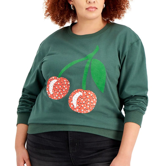 Women's green cherries ribbed graphic sweatshirt by Mighty Fine, featuring a colorful cherry design on a cozy sweater.