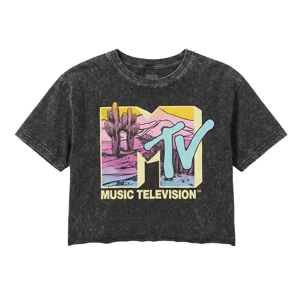 Women's junior MTV desert acid wash crop top T-shirt by Mad Engine featuring a vibrant MTV logo on the front.