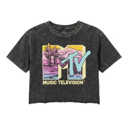 Women's junior MTV desert acid wash crop top T-shirt by Mad Engine featuring a vibrant MTV logo on the front.