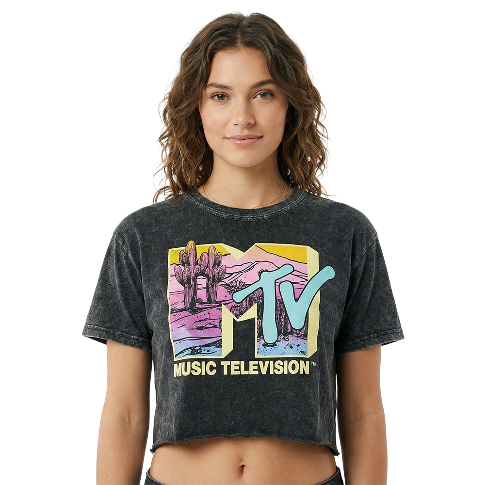 Women's Junior MTV Desert Acid Wash Crop Top T-Shirt by Mad Engine, featuring a stylish acid wash design and MTV graphic.