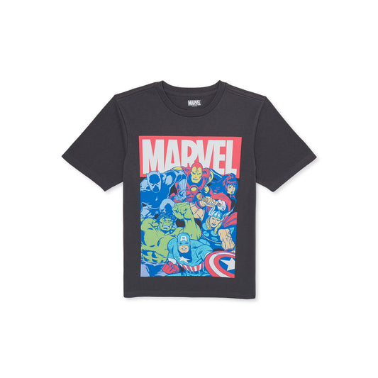 Boy's Marvel Avengers crew neck graphic T-shirt by Mad Engine, short sleeve design with superhero print and vibrant colors.