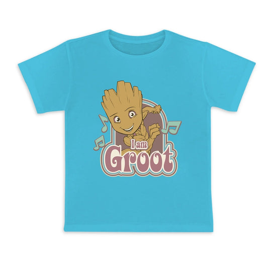 Blue t-shirt with 'I am Groot' graphic on a white background