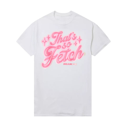Women's Mad Engine "That's So Fetch" graphic T-shirt featuring a colorful design inspired by the movie Mean Girls.