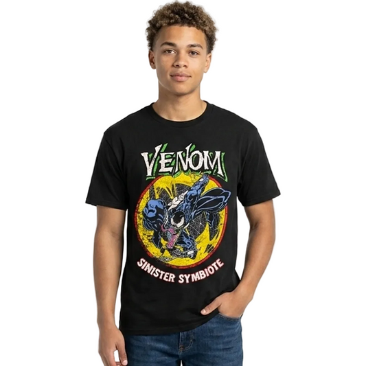 Men's black Venom Sinister Symbiote Marvel graphic tee shirt featuring Venom design on front, casual men's Marvel-themed shirt.