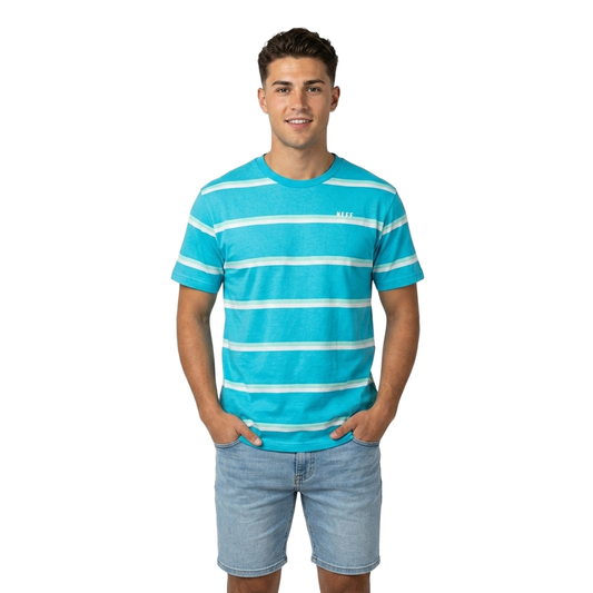 Men's blue and white striped NEFF embroidered T-shirt with short sleeves and crew neckline, casual men's shirt.