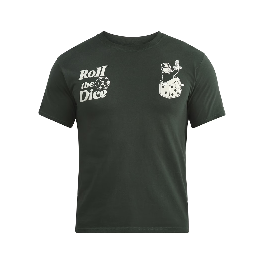 Men's green Monopoly Roll The Dice graphic T-shirt showing a dice design and game-inspired print by Rex Distributor, Inc.