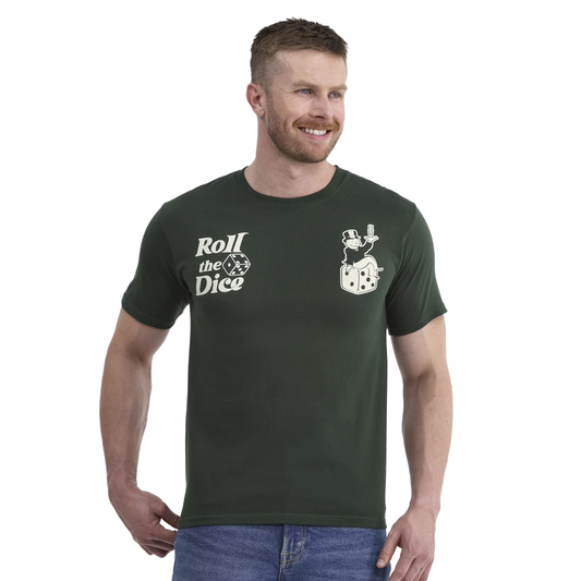 Men's green Monopoly Roll the Dice graphic T-shirt by Rex Distributor, Inc., featuring a playful dice design.
