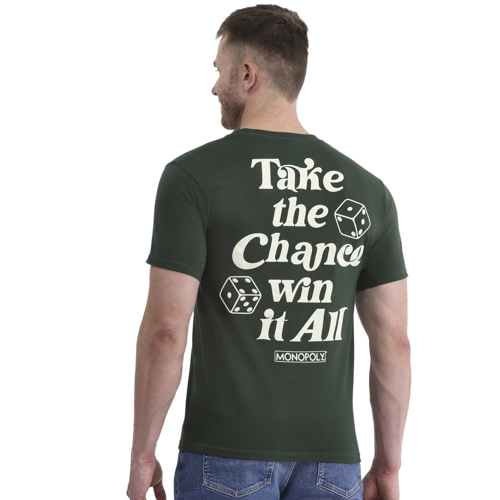 Men's green Monopoly Roll the Dice graphic T-shirt from Rex Distributor, Inc., featuring a playful dice design on the front.