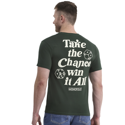Men's green Monopoly Roll the Dice graphic T-shirt from Rex Distributor, Inc., featuring a playful dice design on the front.