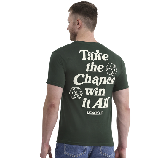 Men's green Monopoly Roll the Dice graphic T-shirt from Rex Distributor, Inc., featuring a playful dice design on the front.