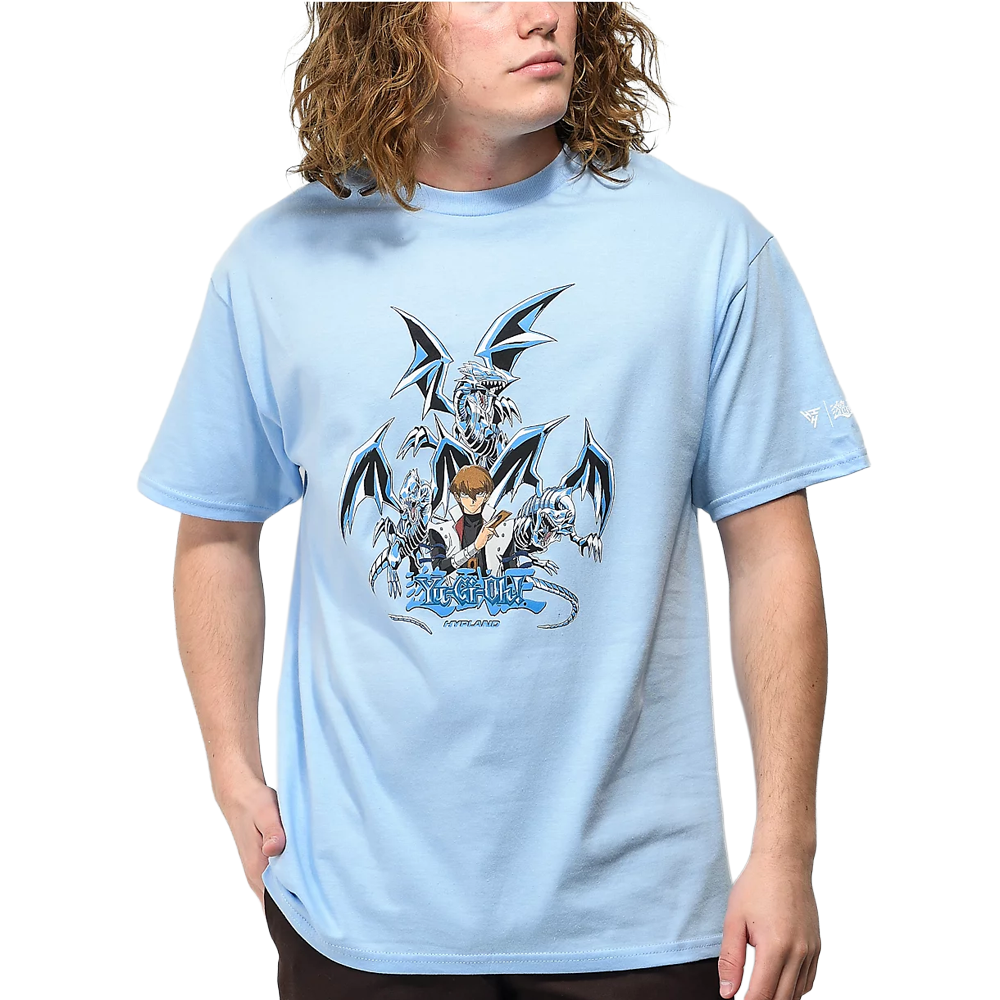 Men's Hypland Yu-Gi-Oh Kaiba Blue Eyes blue T-shirt featuring Kaiba's signature Blue Eyes design, casual and stylish men's shirt.