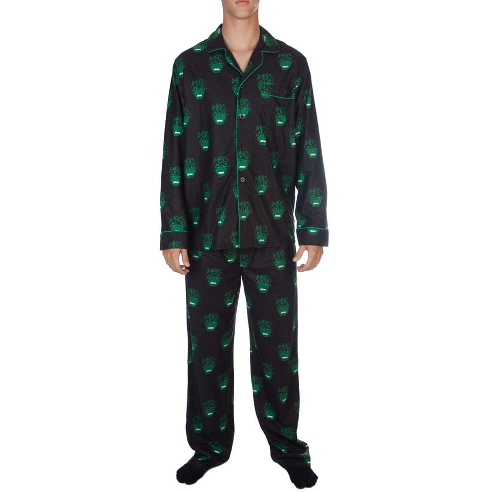 Men's Marvel The Incredible Hulk pajama set by Bioworld featuring green Hulk graphic and comfortable fabric for sleep wear.