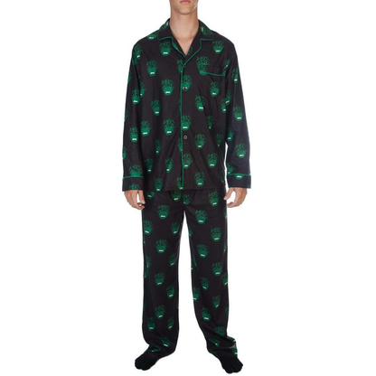 Men's Marvel The Incredible Hulk pajama set by Bioworld featuring green Hulk graphic and comfortable fabric for sleep wear.