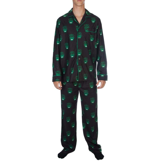 Men's Marvel The Incredible Hulk pajama set by Bioworld featuring green Hulk graphic and comfortable fabric for sleep wear.