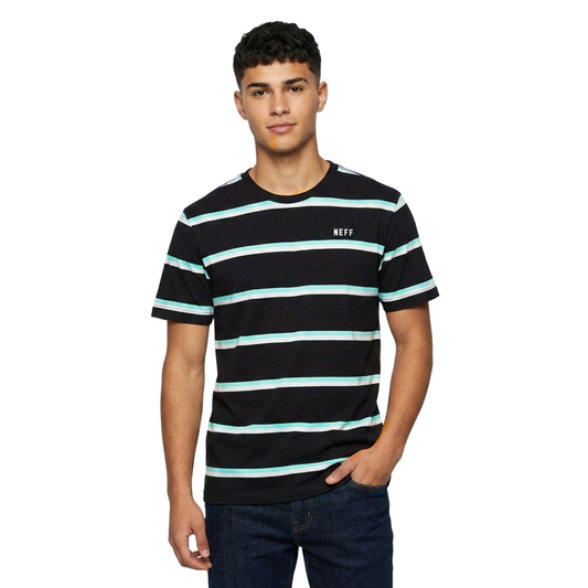 Men's Neff black striped embroidered T-shirt, casual short-sleeve shirt with embroidered logo and stylish design.